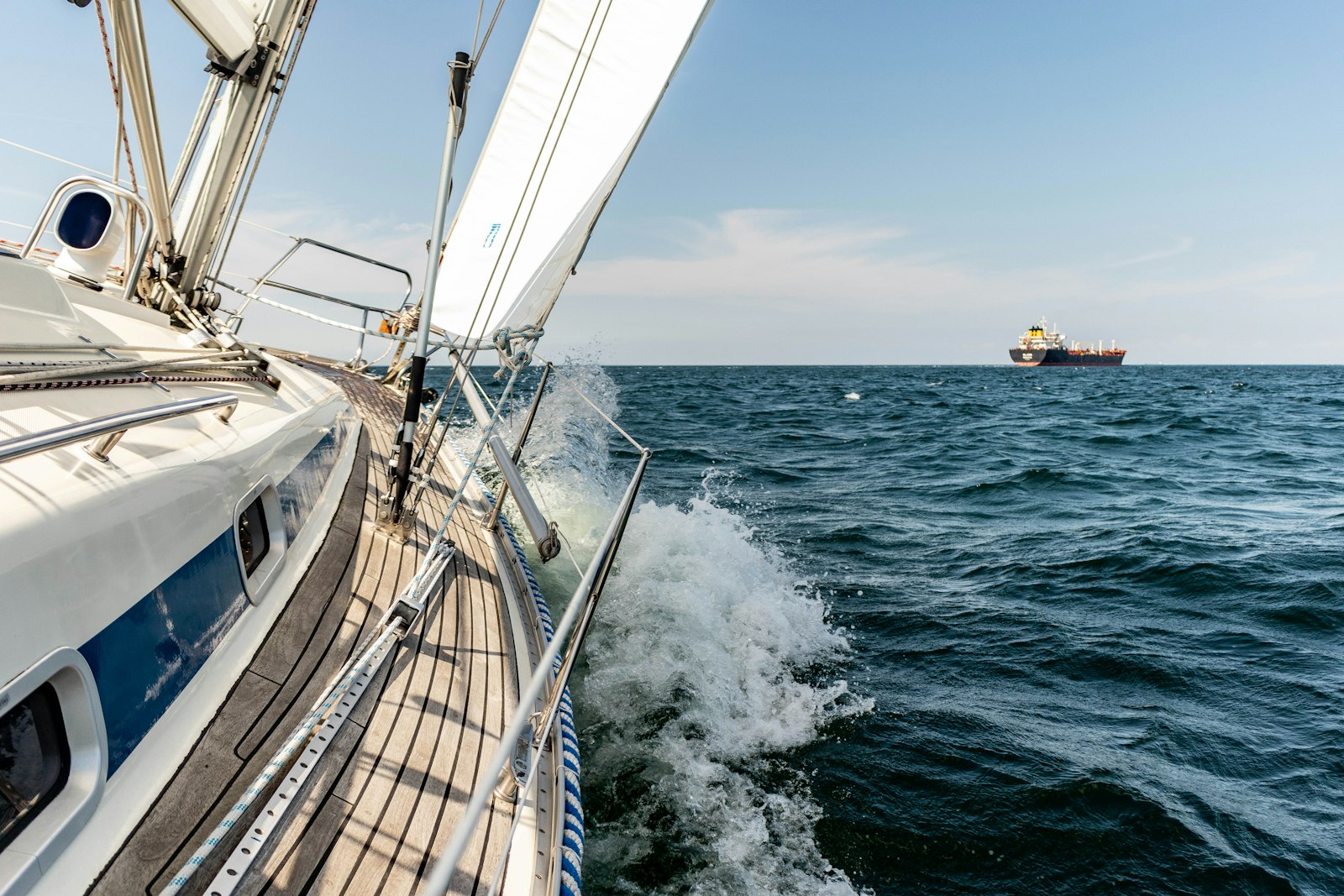 Sailing yacht deck view on open water